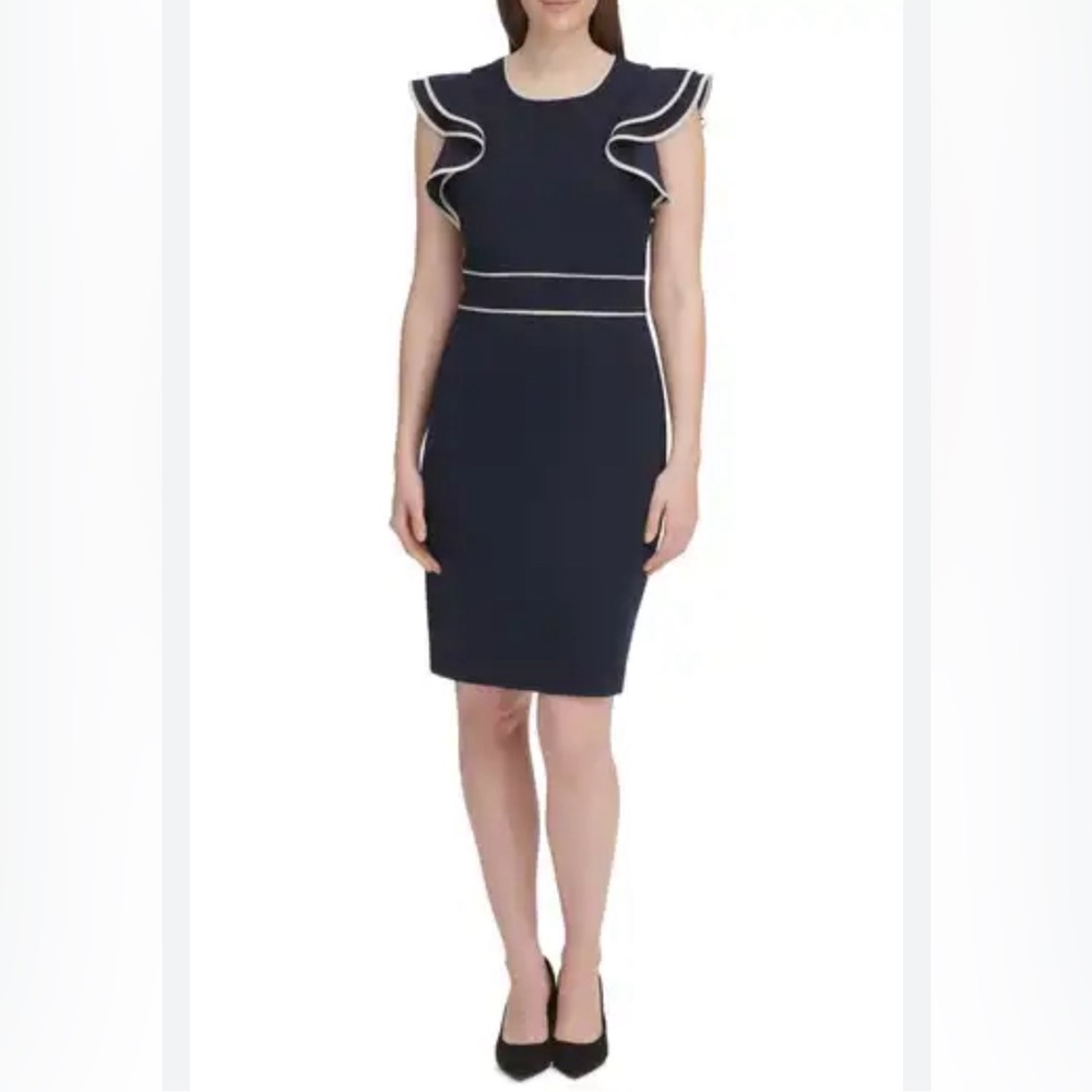 Tommy Hilfiger navy blue ruffle sleeve scuba crepe sheath dress